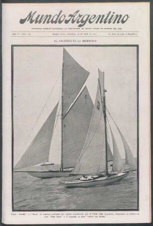 El yachting en la Argentina [Fotografía] : Yates "Alachie" y "Macá" al cruzarse corriendo las regatas por el Yacht Club Argentino
