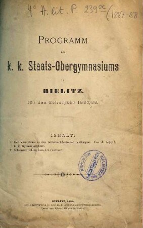 Programm des K.K. Staats-Obergymnasiums in Bielitz : für das Schuljahr .... 1887/88