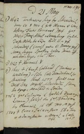 218r-226v, 21. May: 1642 Torstensons Sieg bey Schweidniz - 1787 Warren Hastings...