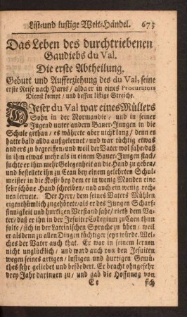 Die erste Abtheilung: Geburt und Aufferziehung des du Val, [...]