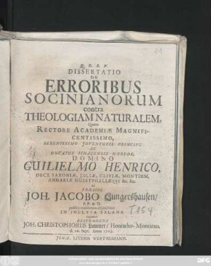 Dissertatio De Erroribus Socinianorum contra Theologiam Naturalem