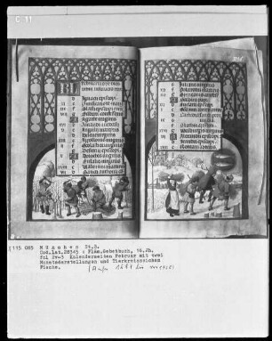 Flämisches Gebetbuch — Kalendar, Folio 1verso-13recto — Buchseite Februar mit Monatsbild - Holzsammeln, Folio 2verso