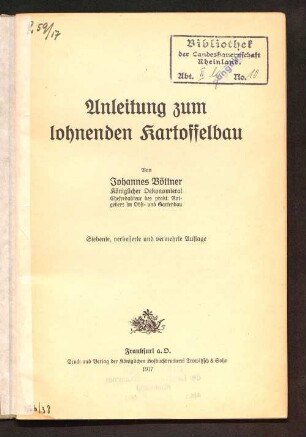 Anleitung zum lohnenden Kartoffelbau