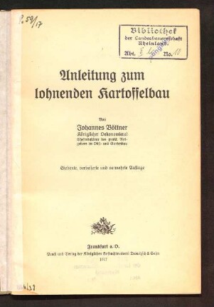 Anleitung zum lohnenden Kartoffelbau