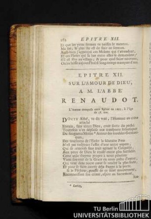 Epitre XII. Sur l'amour de dieu, A. M. L'Abbé Renaudot. L'auteur composa cette Satire epitre en 1695, à l'âgé de 58 ans.