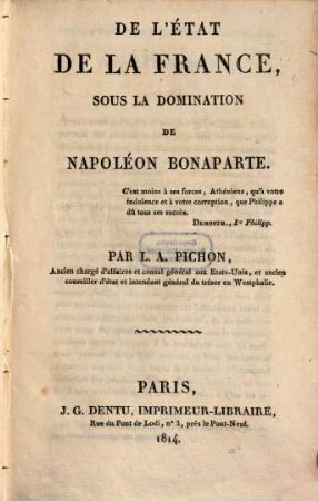 De létat de la France, sous la domination de Napoléon Bonaparte