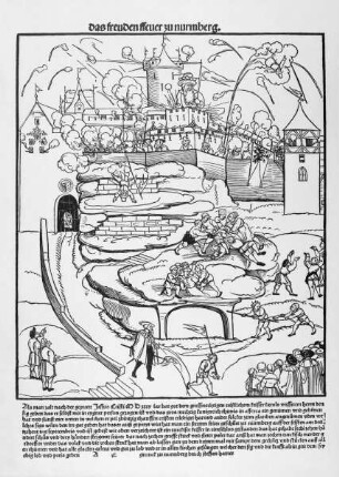 Nürnberg, Ansicht der Burg von Nürnberg während des Freudenfeuers zu Ehren Karls V. im Herbst 1535