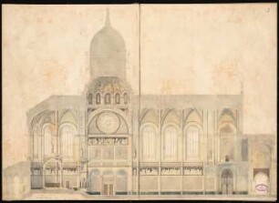 Romanische (evangelische) Kirche mit 2000 Sitzplätzen am Humboldthafen, Berlin Schinkelwettbewerb 1856: Längsschnitt