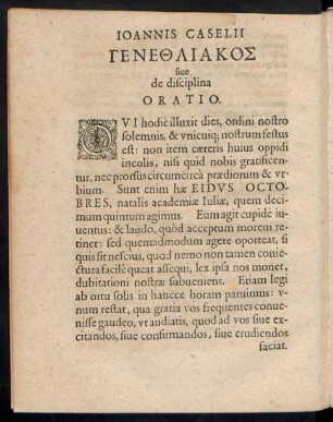 Ioannis Caselii Genethliakos sive de disciplina Oratio.