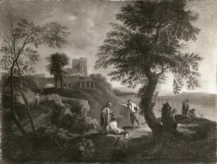Unbekannter Künstler: Landschaft mit acht Figuren. 18. Jahrhundert. Öl auf Leinwand; 96,5 x 129,9 cm. Dresden-Pillnitz: Gemäldegalerie Alte Meister S 92