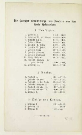 Die Herrscher Brandenburgs und Preußens aus dem Hause Hohenzollern
