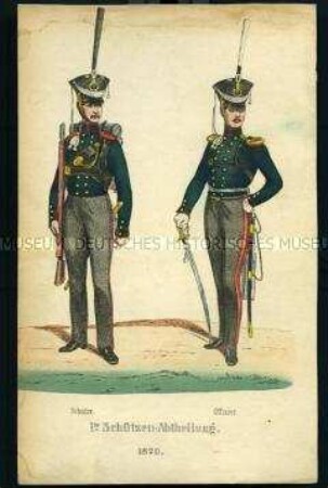 Uniformdarstellung, Schütze und Offizier der 1. Schützen-Abteilung, Preußen, 1820. Aus: Der Soldatenfreund.