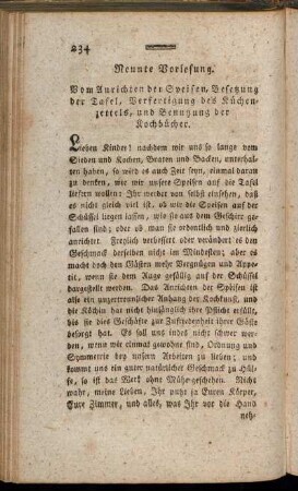 Neunte Vorlesung. Vom Anrichten der Speisen, Besetzung der Tafel, [...].