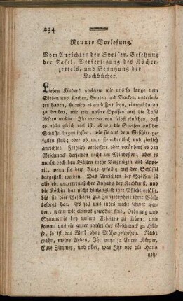 Neunte Vorlesung. Vom Anrichten der Speisen, Besetzung der Tafel, [...].