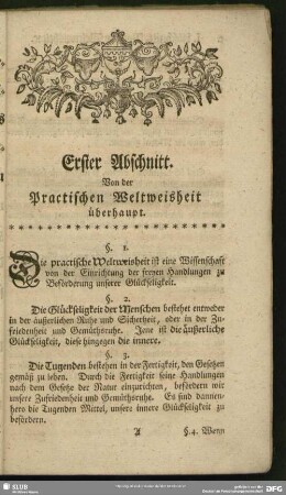 Erster Abschnitt. Von der Practischen Weltweisheit überhaupt