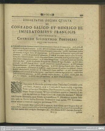 Dissertatio Decima Quarta De Conrado Salico Et Henrico III. Imperatoribus Francicis Respondente Conrado Sigismundo Postolski Equite Silesio