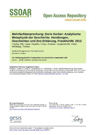 Mehrfachbesprechung: Doris Gerber: Analytische Metaphysik der Geschichte. Handlungen, Geschichten und ihre Erklärung, Frankfurt/M. 2012
