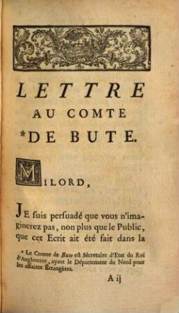 Lettre au Comte de Bute