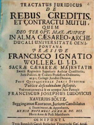 Tractatus Juridicus De Rebus Creditis, Et Contractu Mutui