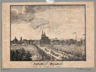 Stadtansicht von Dresden, Blick vom Narrenhäusel über die Augustusbrücke auf die Altstadt nach Süden