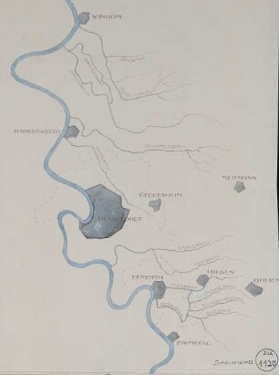 Flußverlaufsplan des Rheins und der Bäche von Wanheim bis Baumberg, rechtsrheinisch