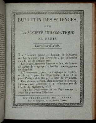 Bulletin Des Sciences, Par La Société Philomatique De Paris. Livraison d' Août.