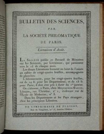 Bulletin Des Sciences, Par La Société Philomatique De Paris. Livraison d' Août.