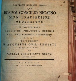 Disp. hist. crit. qua Hosium concilio Nicaeno non praesedisse ostenditur