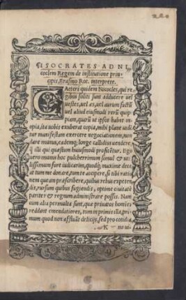 Isocrates Ad Nicoclem Regem de institutione principis, Erasmo Rot. interprete.