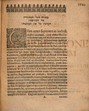 Theodori Dassovii Sôd teḥiyyat ham-mētîm s. Diatribe, Qva Judaeorum De Resurrectione Mortuorum Sententia, Ex Plurimis, Iisqve Magnae Apud Illos Autoritatis Rabbinis, Tam Veteribus, Qvam Recentioribus Copiose Explicatur, Examinatur, Et Illustrator : Cum Indice Summorum Capitum, Dictorum Biblicorum, Et Autorum Rabbinicorum Allegatorum