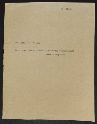 Brief von Gerhart Hauptmann an Harry Kessler