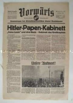 Titelblatt des Zentralorgans der SPD "Vorwärts" zur Ernennung Hitlers als Reichskanzler