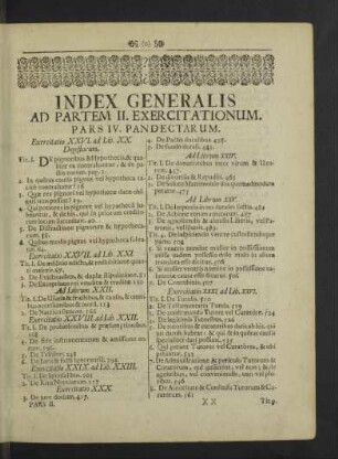 Index Generalis ad Partem II. Exercitationum. Pars IV. Pandectarum.
