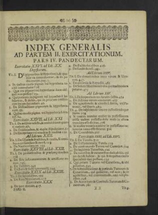 Index Generalis ad Partem II. Exercitationum. Pars IV. Pandectarum.