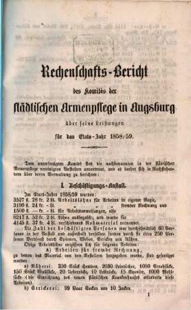 Rechenschafts-Bericht über die Leistungen der städtischen Armenpflege in Augsburg im Etatsjahr .... 1857/58
