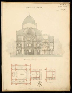 Synagoge Monatskonkurrenz April 1873: Grundriss Erdgeschoss, Empore, Längsschnitt; 2 Maßstabsleisten