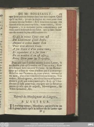 Réponse de Monseigneur de Langres, A L'Auteur.