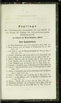 Zöglinge des Vitzthumschen Gymnasiums (V) und interne (I) wie externe (E) Zöglinge der Bessenbergerschen Erziehungsanstalt, am Schlusse des Winterhalbjahres 1856/57