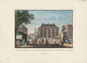 Dresden, der Neustädter Markt nach Süden, Blick von der Promenade in der Hauptstraße über den Platz mit dem Reiterstandbild August des Starken (Goldener Reiter) auf die Neustädter Wache (Blockhaus), die Augustusbrücke und die Altstadt