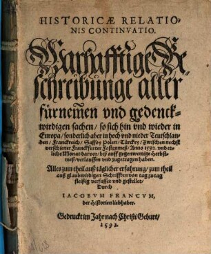 Historicae relationis continvatio : das ist warhafftige Beschreibunge aller fürnemen vnd gedenckwürdigen Historien ..., 1592 = Herbstmesse