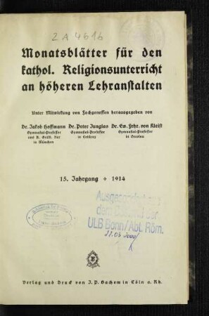 15: Monatsblätter für den katholischen Religionsunterricht an höheren Lehranstalten - 15. 1914