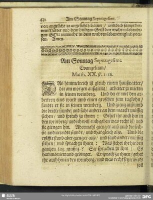 Am Sonntag Septuagesima Evangelium, Matth. XX. v. 1.-16.