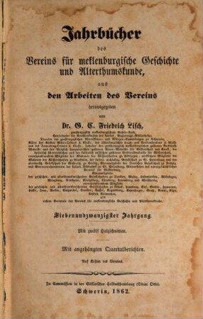 Jahrbücher des Vereins für Mecklenburgische Geschichte und Altertumskunde. 27, 27. 1862