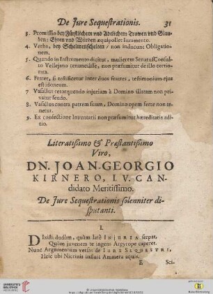 Literatißimo & Præstantißimo Viro, Dn. Joan-Georgio Kirnero, I.V. Candidato Meritissimo