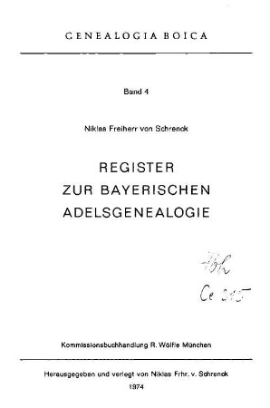 Register zur bayerischen Adelsgenealogie