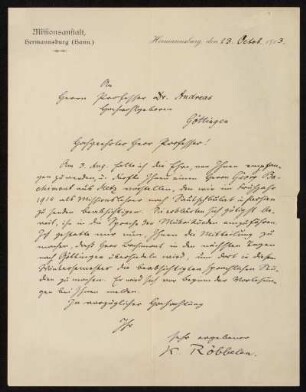 Nr. 1: Brief von Karl Röbbelen an Friedrich Carl Andreas, Hermannsburg, 13.10.1913