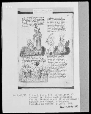 Jean de Mandeville, Reise nach Jerusalem — Textseite mit drei Illustrationen, Folio 23recto