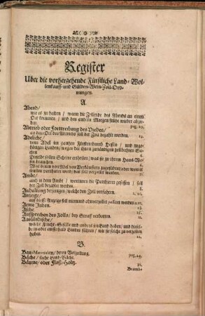 Register über die vorhergehende Fürstliche Land- Wollenkauff- und gülden-Wein-Zoll-Ordnungen.
