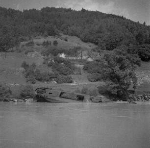 Blick auf die Donau mit Schiffswrack