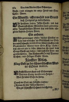 Fünffter Absatz. Klag-Lied/ zu der schmertzhafften Mutter Gottes Maria.